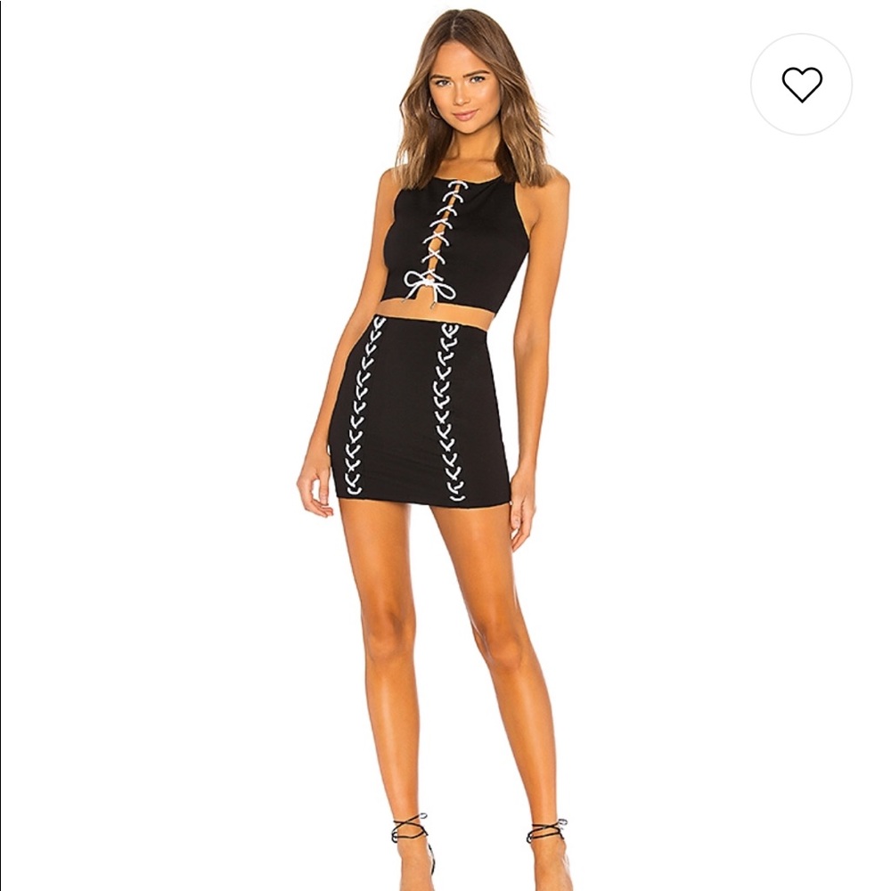 Revolve two piece black lace up skirt set